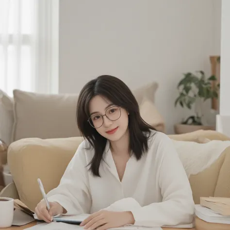 Age 32、 freelance writer in her living room。I work using my Macbook in my living room。A profile that looks good with trendy glasses。