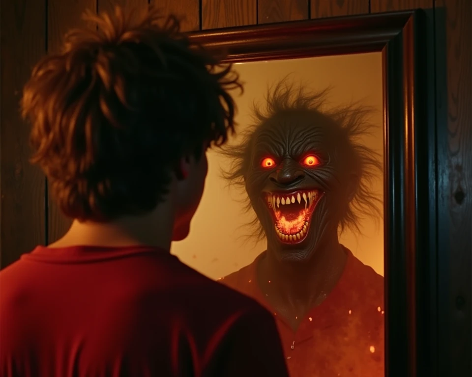 "A man with messy brown hair and a red shirt stands in a dimly lit wooden room, facing a mirror. Instead of his reflection, the mirror shows a terrifying dark entity with glowing orange eyes and a wide, menacing grin filled with sharp teeth. The creature a...