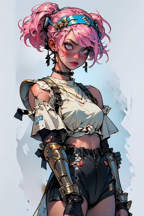    Female Fighter Wearing Bikini Armor   , Solid Gold Crown  , Muddy skin ,   pink hair、 yellow mesh  ,   Bikini-shaped Armor Highly Exposing   ,  tops and bottoms  ,RPG Character Art  ,   Shoulder Braces and Gauntlets Are Decorative,非常に  Detailsなキャラクターデザイ...