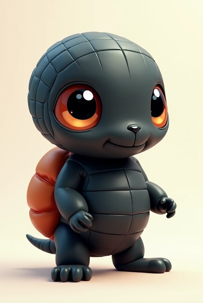 Create an animated character from a tattoo ball ( little animal ). It must have a rounded, segmented body (black)., with a black carapace.  Her eyes must be large and expressive ,  conveying curiosity and sympathy . When closed ,  it must look like a perfe...