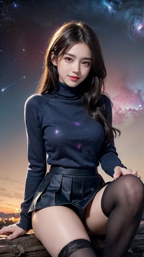 ai_kase, (Pitch black with no lighting:1.5,(A clear night sky with multiple nebulae clearly visible:1.2), (Top of a hill with a great view), (A beautiful girl looking at a nebula from the summit of a skyscraper), (A dim night sky with twinkling stars), (Be...