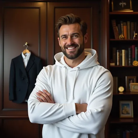  A sporty man wearing a white hoodie and standing confidently with crossed hands, smiling. I want the background to be an engineer's suit hanging inside a luxurious office with a library on the right side with books and behind there are frames and gold med...