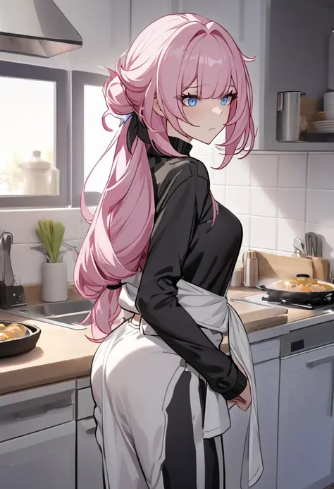 Elysia hoh, honkai impact,tied hair,bondage, hand tied,hand in back,pink hair,Wearing a plain black tracksuit, wearing a white cooking cloth, in the kitchen,wearing tracksuit that is doubled up, track suit,,long hair,Wearing a sweater ,