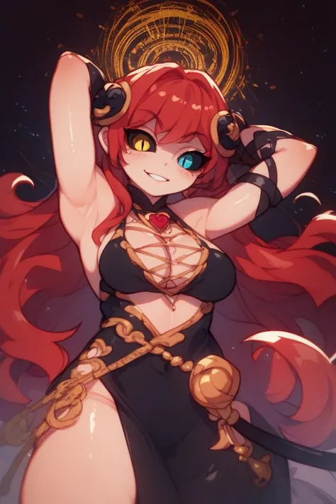 Starry sky background 、Human girl with heterochromia iris( black sclera(blue eyes and yellow eyes))、 with both hands raised 、 armpits、 white beautiful skin、Red Hair(Silky Long Hair)、A black dress with shoulders that accentuates the chest(black, shiny cloth...