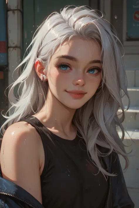 Young woman with long silver hair, cold blue eyes, light skin. Wears black casual clothing. Has a warm smile.