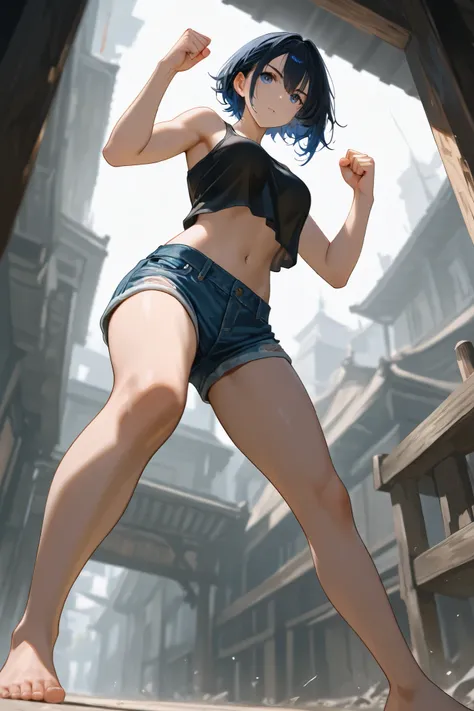 low view angle of a barefoot woman, black lace hair, fit body, black tank top, blue denim shorts, Fight stance