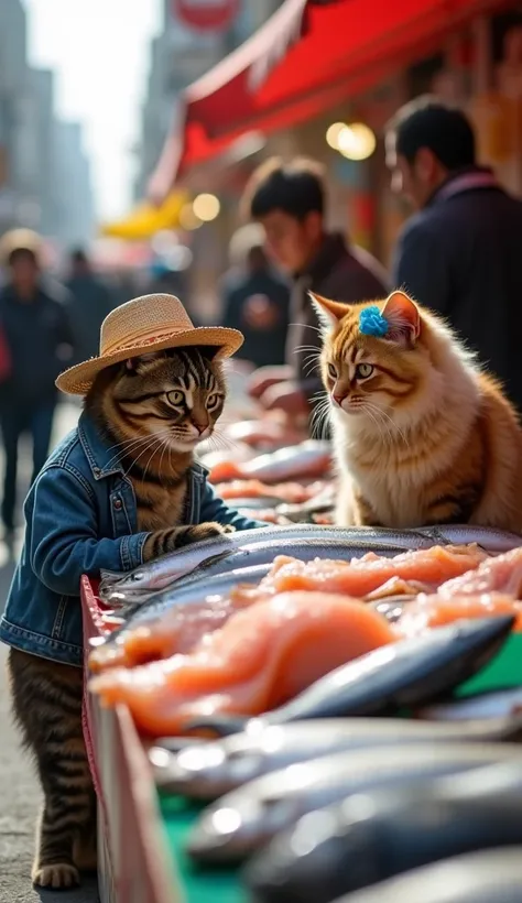 *Choosing Fresh Fish at the Vendor*

In the middle of the market crowd, me and *Max*, a striped cat in a denim jacket and straw hat, was choosing fresh fish from one of the vendors. *I have*, a Persian cat with a blue ribbon on its head, observing the vari...