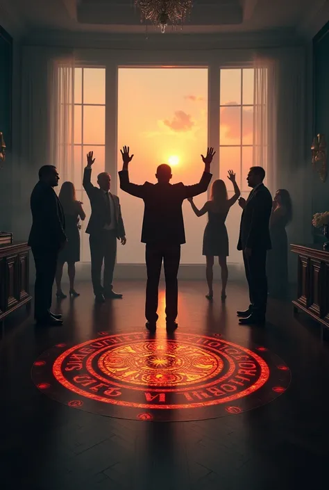 demonic cooperate individuals doing a demonic ritual in a dimly lit foggy office room, men and woman stand with hands in the air while they stand inside a glowing cryptic hieroglyph seal on the ground, beautiful expensive office room with a nice beautiful ...