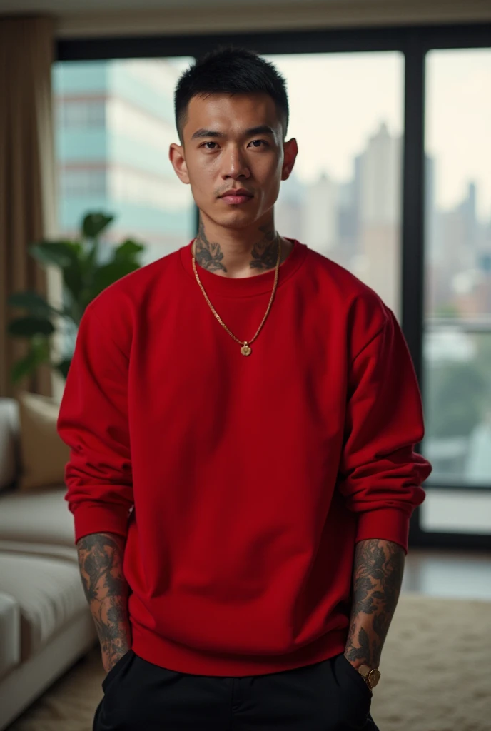 Young man with cropped black hair with tattoos wears a red sweatshirt and black sports pants in a New York penthouse realistic image 