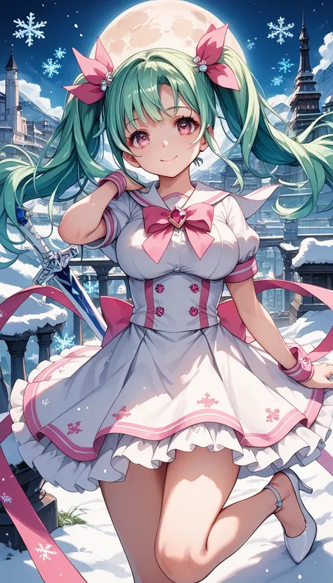 score_9, score_8_up , score_7_up ,source_anime,1cute girl, EMERALD hair,  pattern 、 Twin Tails,  pink ribbon, Cute Smile , Large breasts,  cute white sailor suit with pink lines, miniskirt, pink eyes, White High Heels ,Snowy cityscape , snows, snowflakes d...