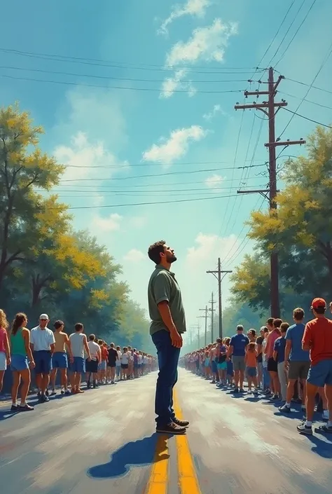 On the road, many people quickly turn their shoulders to the side so as not to hit the man standing in the middle of the road when they rush too close to each other. And the man standing looks up at the sky. Draw it with oil paint from exactly 90 degrees a...