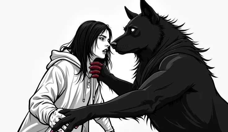 A white and black comic panel illlustration a short of Boris a massive and muscular dog with a thick black coat, sleek fur, and piercing brown eyes savaging Thug 2 is lanky with long greasy hair, wearing a hoodie, who clutches his bleeding neck. Dreven, a ...