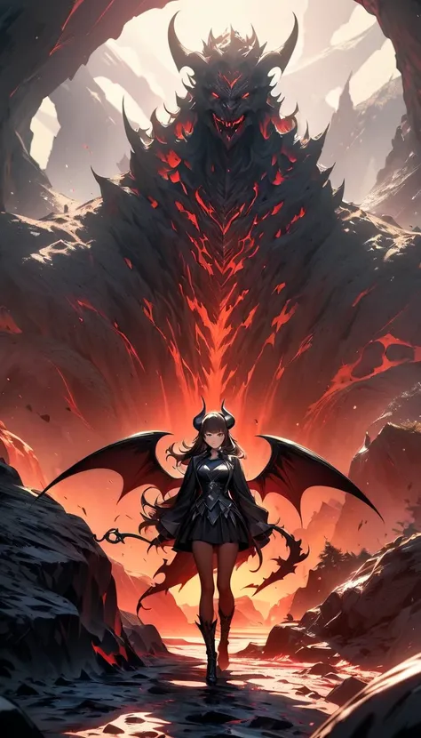 ( high quality, 8k, 4K,  detailed ,  high contrast ,  masterpiece:1.2, 最 high quality, best aesthetics), ((1 woman)), Devil in the Lava, , , Devil horns, Devil&#39;Wings, Low Wings,  Enclosed in lava , Devil&#39;roar,   Impressive fantasy artwork, Random b...