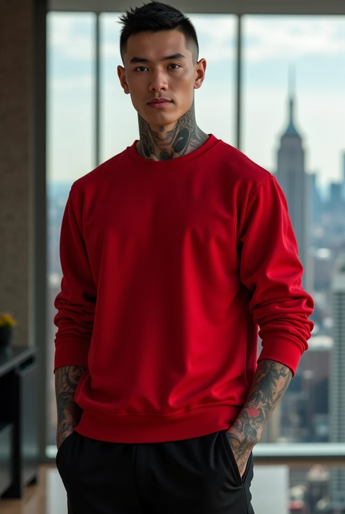 Young man with cropped black hair with tattoos wears a red sweatshirt and black sports pants in a New York penthouse realistic image 