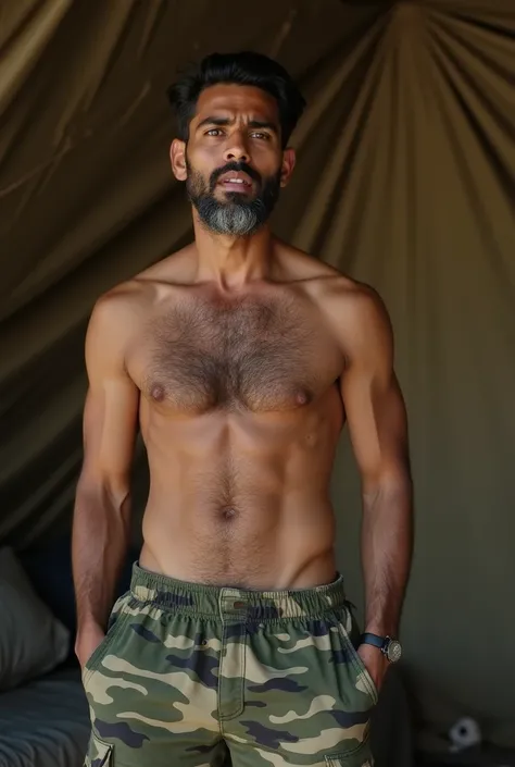 Hot handsome shirtless matured indian man with hairy chest and pointed nipples, no beard,shved cheeks, slightly grey moustache,short army cut black hair,wearing tight camouflage cargo pant, inside a tent. Orgasm and lust in face expression 