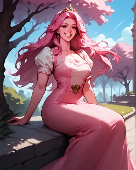 masterpiece,  top quality, up to date,   is ridiculous,  high resolution,  dynamic angle, Outdoors, pink tree
1 girl, Alone, Bonnibel,   pink dress ,  pink hair with a scar,  pink skin ,  long hair,  Straight Hair ,  tiara , fluffy short sleeve ,  long ski...