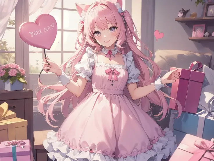 Top quality, high resolution, detailed, beautiful picture quality, one girl, cute pale pink dress with frills, cat ears, lolicon feeling, smiling face, cute design based on pink, overall sweet and dreamy atmosphere, hearts and gift boxes are drawn in the b...