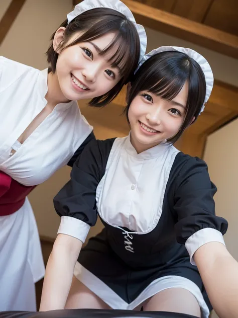 ( high definition)、( high quality)、( short hair)、(tight classic maid clothes:1.3)、( two Japanese girls )、( bring their faces close to the camera:1.2)、( bring your face close to here :1.2)、(smile:1.3)、( sucks dick :1.4)、( angle from below:1.3)