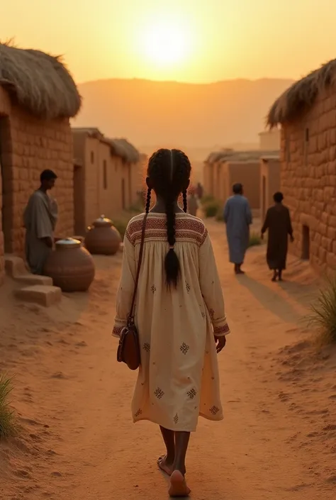 1. Safiya Walking Through Kankia at Sunrise
A  girl with brown skin and tightly braided cornrows walks barefoot along a dusty desert path at sunrise. She wears a cream-colored cotton dress with faded geometric patterns and carries a leather pouch. Mud-bric...