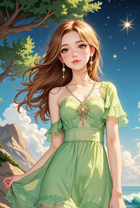  intense watercolor、 beautiful woman、beautiful see-through dress_green、 Light Chestnut Hair、 jewelry、A perfectly beautiful face、perfectly beautiful brown eyes、Perfectly beautiful pink lips、 perfect style、background、 standing on a rocky area on the seashore...