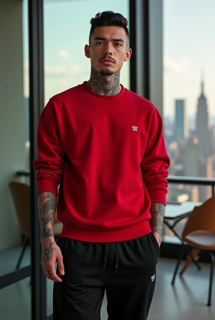 Young man with cropped black hair with tattoos wears a red sweatshirt and black sports pants in a New York penthouse realistic image 