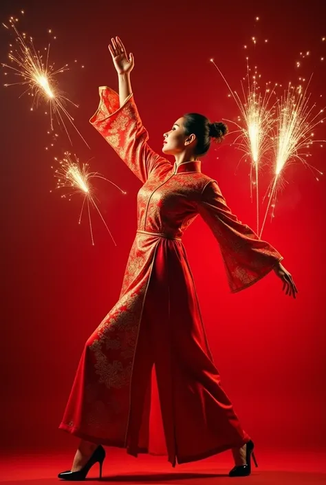 A Chinese woman wears a special red Chinese New Year outfit with a gold design and poses confidently, the pose is performing with a lion dance on stage, showing dynamic attractions accompanied by several sparks of fireworks adding to the excitement of the ...