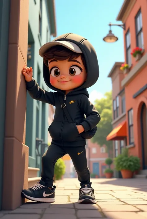 A cartoon boy with his foot on the wall in a social neighborhood, The boy must wear a black hooded Nike training suit and the black Nike sneakers, with a black shoulder bag