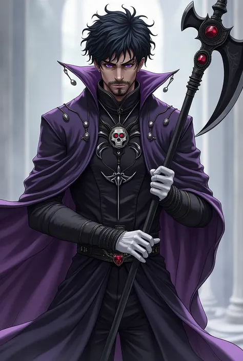 A hybrid man of human and shinigami, Do men have black skin, He is 29 years old , short curly black hair,, Your eyes are purple, Has a tight and well-designed beard, has an apathetic appearance, has 1,78m high , standard musculature ,  fierce gaze.
The man...