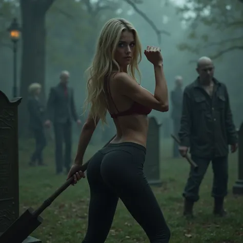 full body, high quality, 8K Ultra HD, hyper-realistic, anatomically correct, american, (Buffy the vampire slayer), fighting stance, holding a small wooden stake, ready to slay the vapires heading towards her in the grave yard, leggins, great butt, visible,...