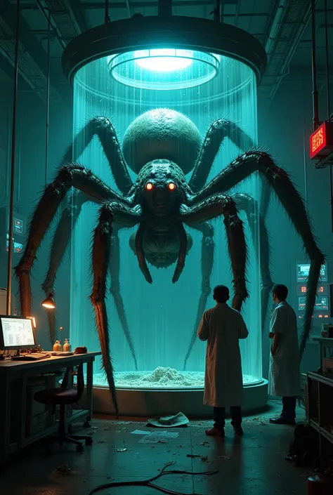 scenario:
 A dark laboratory ,  with fluorescent lights flashing , creating a tense atmosphere. In the center of the room,  huge reinforced glass incubator is illuminated by inside ,  revealing a gigantic and grotesque spider .

 Description of the spider ...