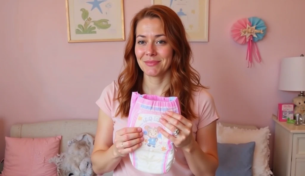 wide angle shot of beautiful woman reddish brown hair and freckles smiling standing holding an (unfolded pullups diaper with two hands) in pink nursery