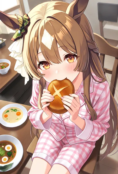 very awa, masterpiece, best quality, newest,  highres, absurdres、 Satono Diamond、 Satono Diamond、Uma Musume、 1 、 cream plaid pajamas、 living room 、 wooden table and chairs 、 sitting on chair 、Bread, soup and vegetables、 open your mouth and smile 、 sounds f...