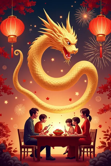 A festive Chinese New Year 2025 graphic with a golden snake, red lanterns, fireworks, a family reunion dinner, and the text 'Happy Chinese New Year 2025 - KL Teng' 