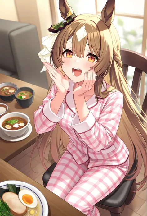 very awa, masterpiece, best quality, newest,  highres, absurdres、 Satono Diamond、 Satono Diamond、Uma Musume、 1 、 cream plaid pajamas、 living room 、 wooden table and chairs 、 sitting on chair 、Bread, soup and vegetables、 open your mouth and smile 、 sounds f...