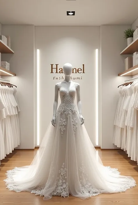 A fashion shop with a mannequin wearing a wedding garment and the brand name boldly written on the wall HANANEL FASHION HOME 