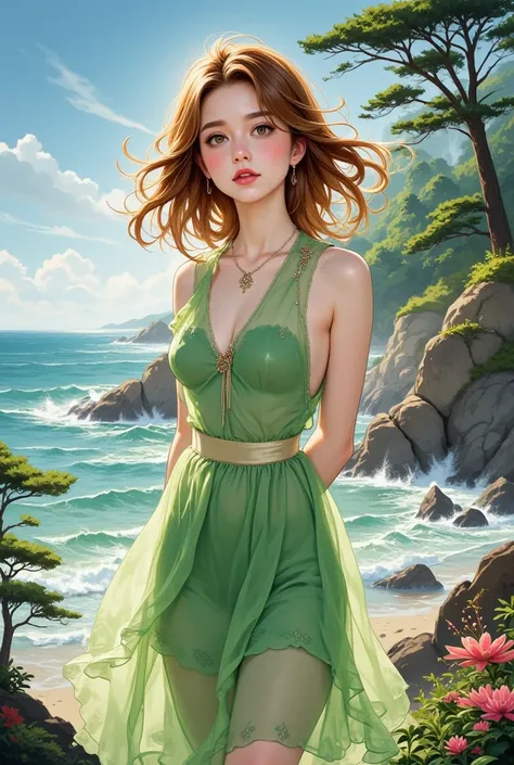  intense watercolor、 beautiful woman、beautiful see-through dress_green、 Light Chestnut Hair、 jewelry、A perfectly beautiful face、perfectly beautiful brown eyes、Perfectly beautiful pink lips、 perfect style、background、 standing on a rocky area on the coast wi...