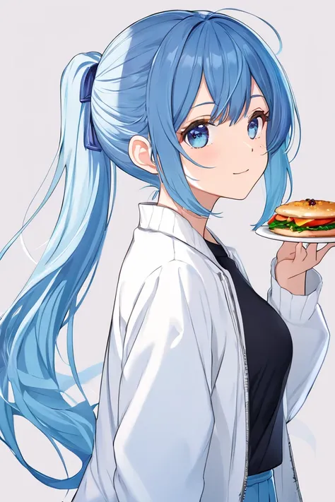  1 girl, solo,  long hair,  high resolution,  ponytail,  high resolution,  simple background, Food, Blue Hair/ light blue hair, 