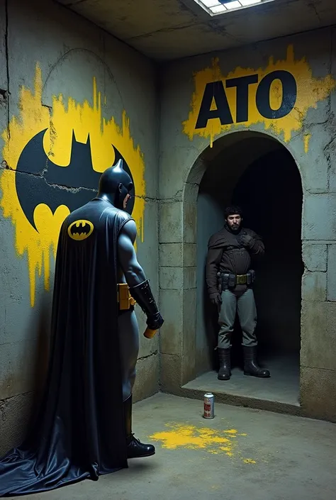 In the Batcave is Adam West dressed as Batman from 1966, He is carrying a spray can of paint in his hand and he is looking at a graffiti mural that puts the word ATO in capital letters painted with a stencil with a yellow stencil inside a black bat, Is the...