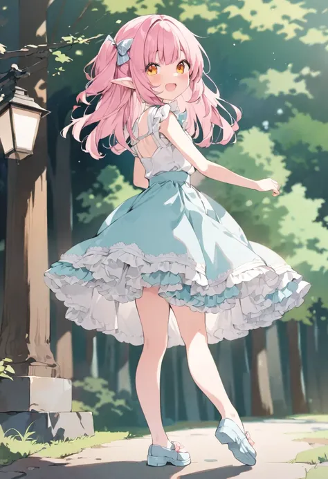  （Best Quality), 4k, Primary school student, a girl, (sexy),  (lovely),  ((masterpiece)), (ultra-detailed), ((kawaii)), cute, smile, film grain, watercolor, full body, wearing beautiful Tailored fit dress, elf,  beautiful pink hair, {beautiful orange eyes:...