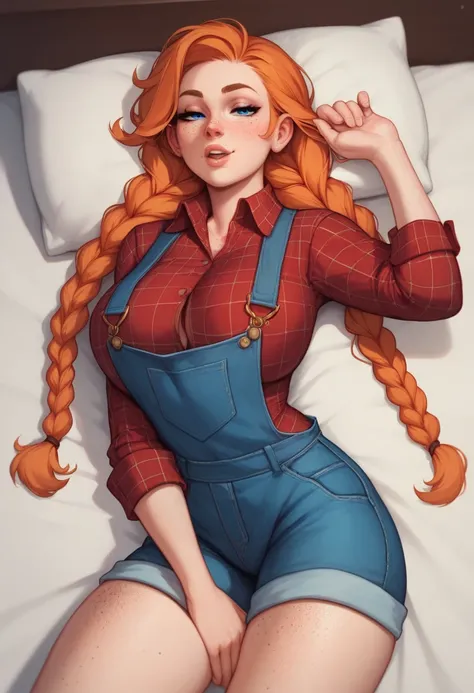 Sexy girl, slender body, large breast, Orange hair, long hair, two long small braids hair, freckles on the face, freckles on breast, freckles on legs, Big freckles, blue eyes, overalls, shorts, button shirt, red plaid shirt, Big black eyebrows, half closed...