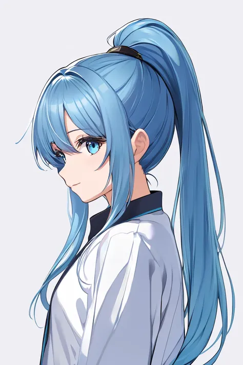  1 girl, solo,  long hair,  high resolution,  ponytail,  high resolution,  simple background, Blue Hair/ light blue hair, 