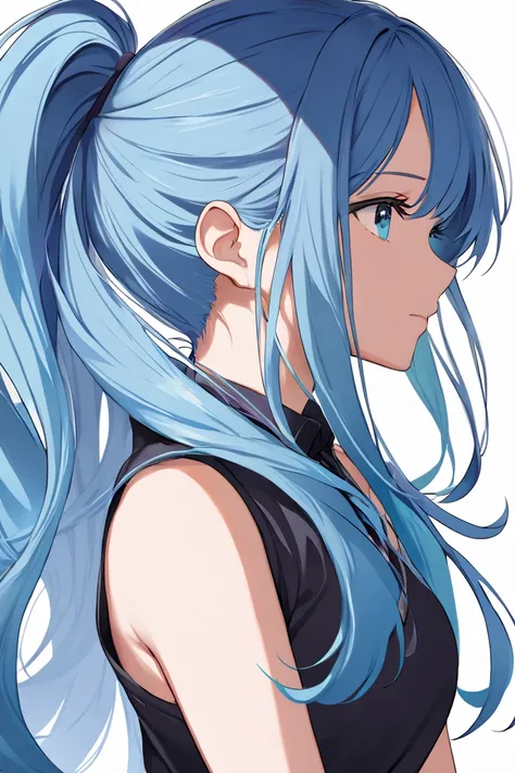  1 girl, solo,  long hair,  high resolution,  ponytail,  high resolution,  simple background, Blue Hair/ light blue hair, 