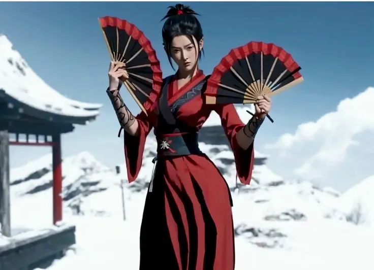 anime character with red dress holding two red fan in front of a mountain, ninja scroll anime style, katana zero video game character, inspired by Kusumi Morikage,   inspired by Kanō Hōgai, inspired by Chen Jiru, inspired by Shūbun Tenshō, inspired by Kory...