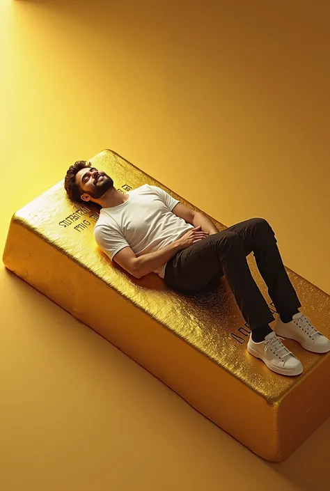 A satisfied young man lying down on a big gold bar as a pillow under his head