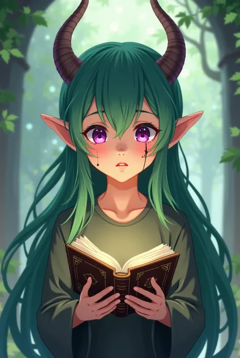 Cute anime boy with long green hair, purple eyes and horns holding a book of spells 
 There are scratches on his face. He has ears like those of an elf 