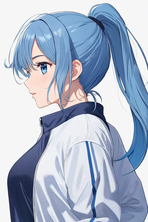  1 girl, solo,  long hair,  high resolution,  ponytail,  high resolution,  simple background, Blue Hair/ light blue hair,  sportswear