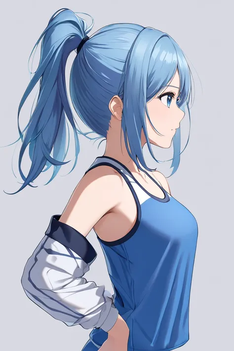  1 girl, solo,  long hair,  high resolution,  ponytail,  high resolution,  simple background, Blue Hair/ light blue hair,  sportswear