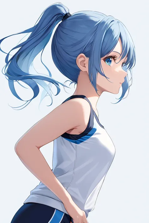  1 girl, solo,  long hair,  high resolution,  ponytail,  high resolution,  simple background, Blue Hair/ light blue hair,  sportswear