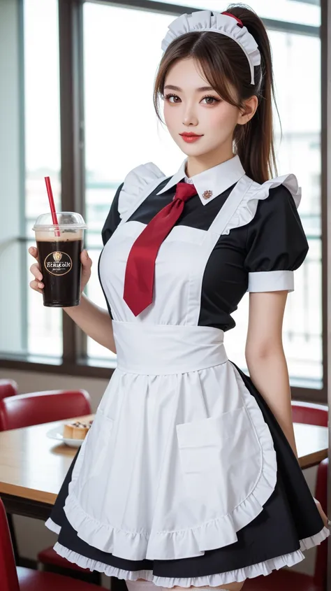  gravure style　 Japanese　20 year old girl　 ponytail　 Hair　 thin waist　 my chest is free（（ big boobs ））（（（Red maid outfit））） miniskirt　small white apron 　｛｛Red and white uniform｝｝I'm wearing a garter belt　Backwards　　 standing　Inside a stylish cafe　Working a...