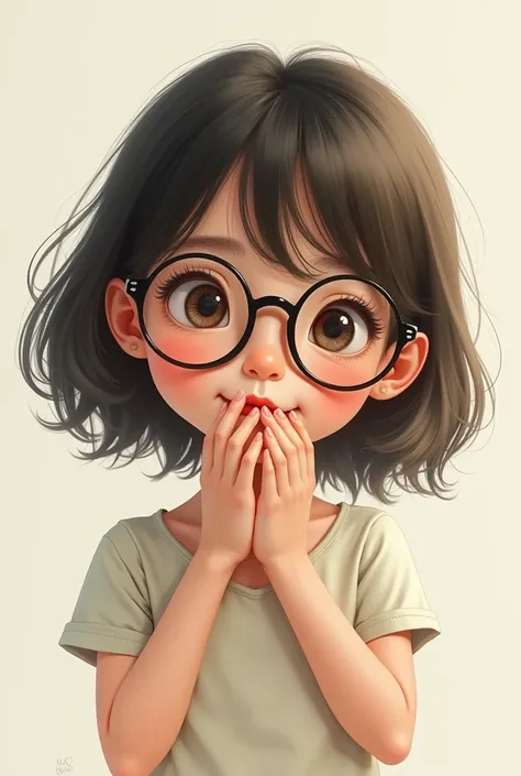 A girl with 肩发 and glasses, with gestures that describe very small (Ugly cute style)